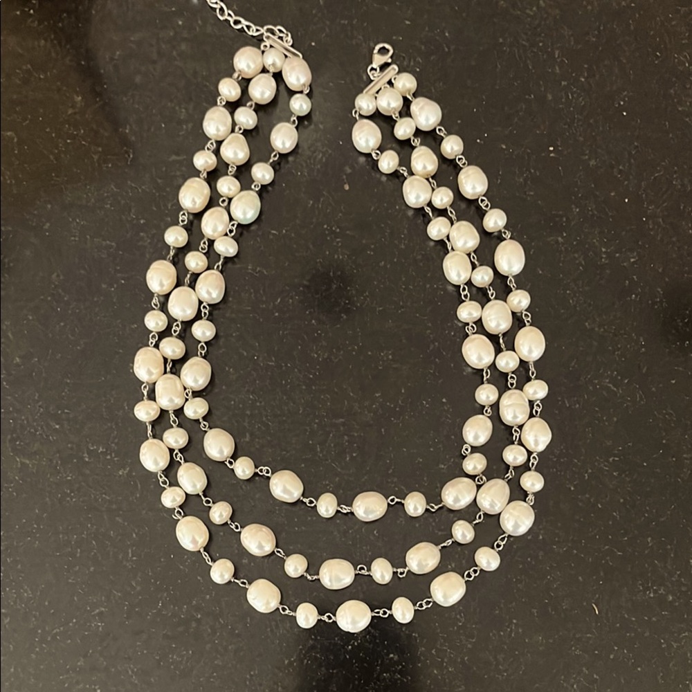 Freshwater pearl triple necklace in sterling silver